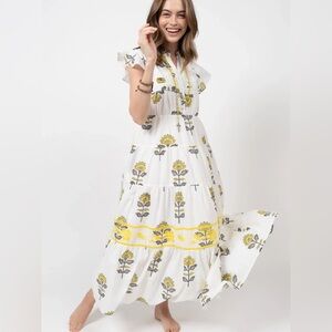 Sister Mary Serena Maxi Dress Floral White and Embroidered Yellow